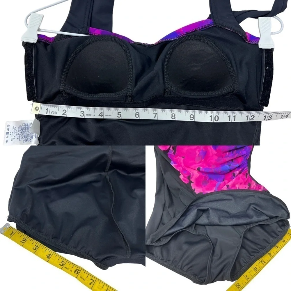 Lands' End Women's Black Pink Purple Floral Print One Piece Athletic Swimsuit 6
